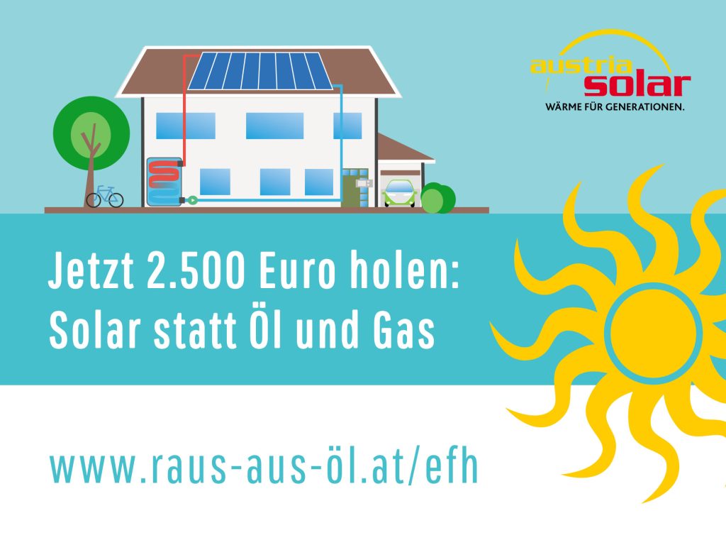 Grafik zeigt digital gezeichnetes Haus mit Solaranlage am Dach, darunter Text "Jetzt 2.500 Euro holen: Solar statt Öl und Gas"